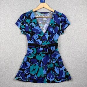 VTG Apt 9 Top Womens Small Blue Y2K Floral Chain Babydoll Tie Back Stretch Fairy